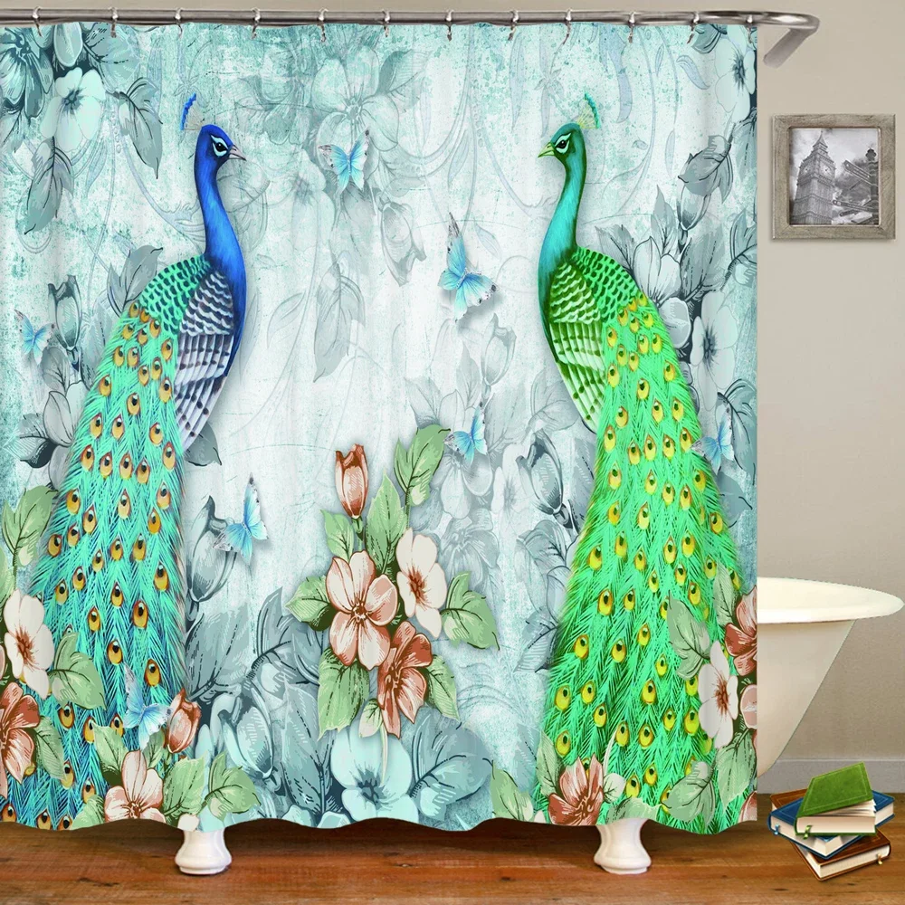 3d-занавеска для душа с изображением цветов и птиц