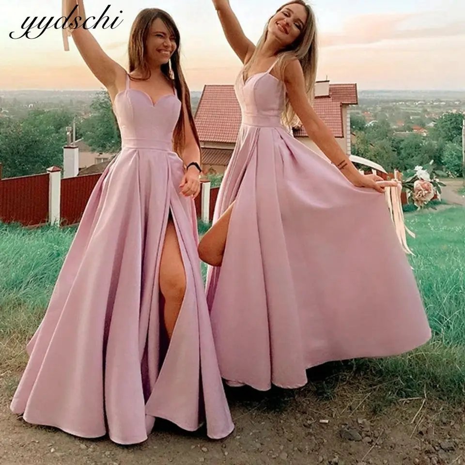 

2022 Pink Spaghetti Straps Bridesmaid Dresses For Wedding Satin Long A-Line Formal Party Gown Sexy High Split Vestido De Noiva