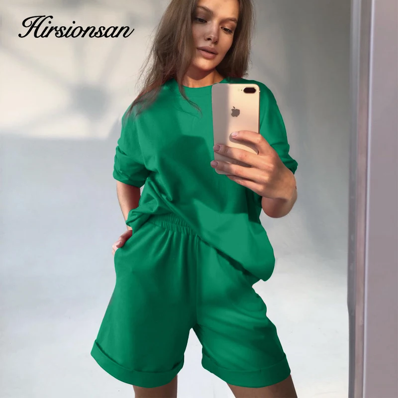 Rosered Summer Suits Women Oversized Cotton Outfits with T Shirts and Shorts for Female Green Tracksuit 2 Pieces Set Ladies 2022