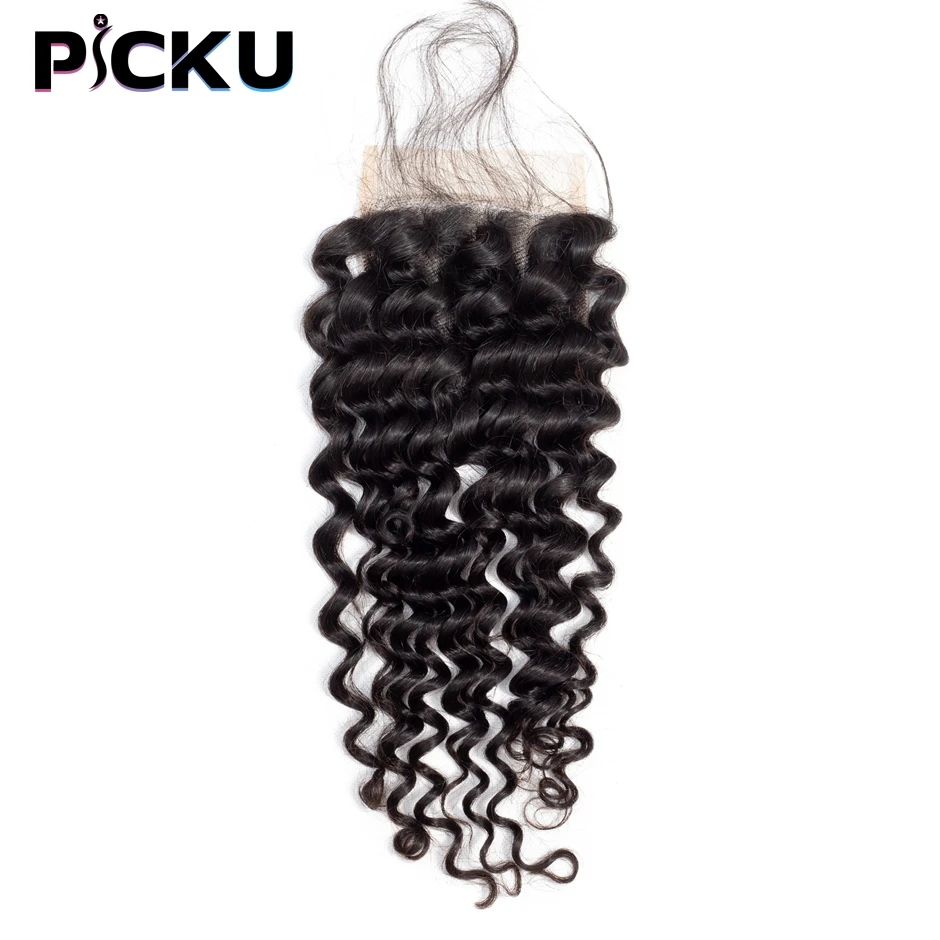 Deep Wave 5x5 4x4 Lace Closure Hand Tied Pre Plucked Transparent Human Hair Curly Closure With Baby Hair 20 inch Natural Black