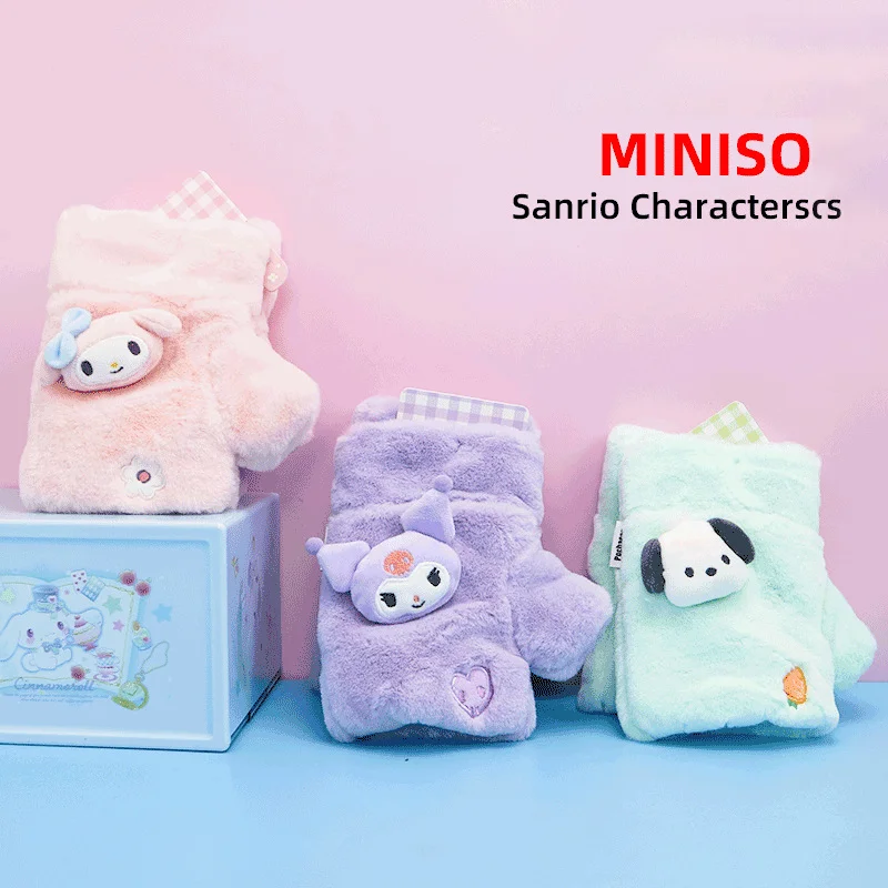 

Новые перчатки Mymelody Kuromi Kawaii Miniso Sanrio женские плюшевые Мультяшные милые аниме зимние теплые мягкие пушистые перчатки на полпальца подарок