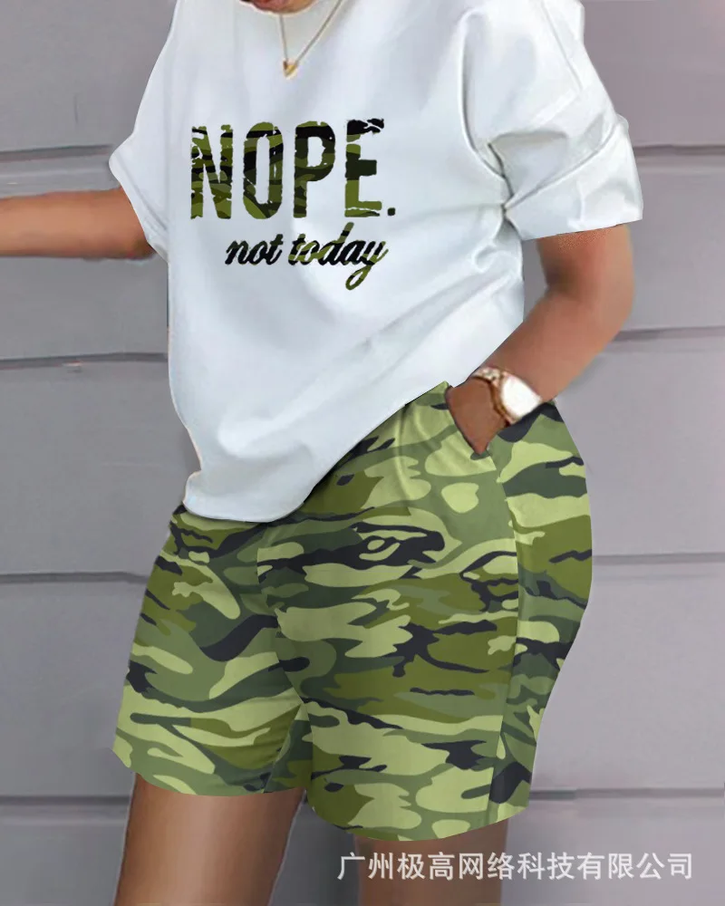 

Women 2023 New Letter Slogan Camouflage Print Top & Shorts Set Spring Summer Short Sleeve T Shirt Tee High Waist Shorts