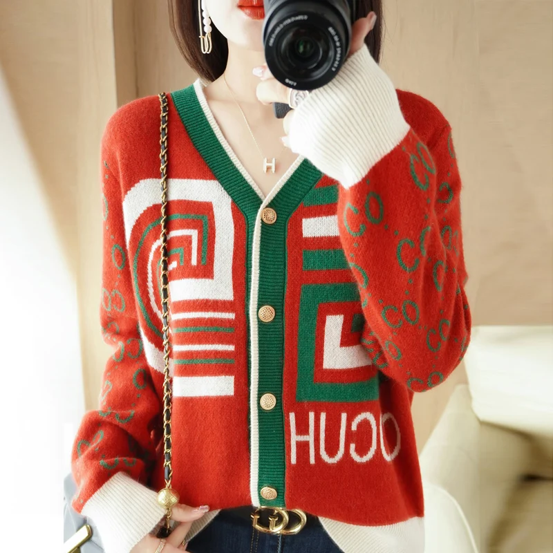 

Knitted Cardigan Women's V-Neck Contrast Color Jacquard Sweater New Autumn And Winter Models Temperament Elegant Long SleeveCoat