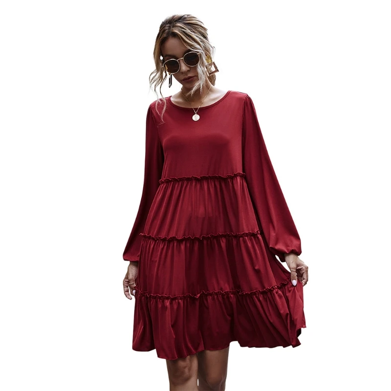 

Women Puff Long Sleeve O-Neck Ruffles Patchwork Pleated Flared Red Midi Dress P8DB