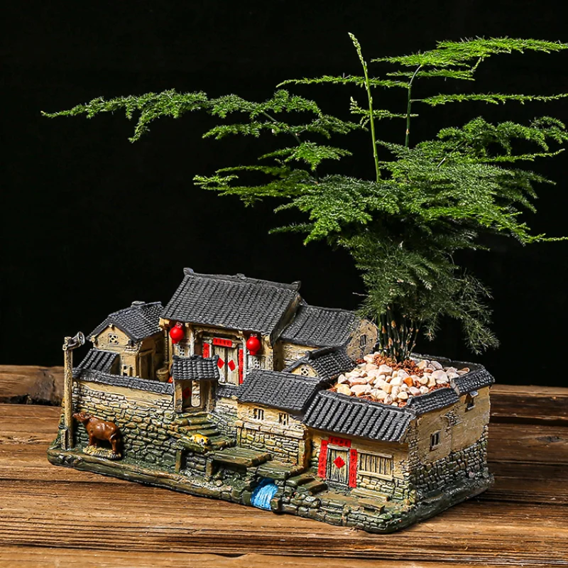Chinese Style Retro Micro Landscape Old House Flower Pot Landscaping Potted Indoor Succulents Bamboo Bonsai Ornaments
