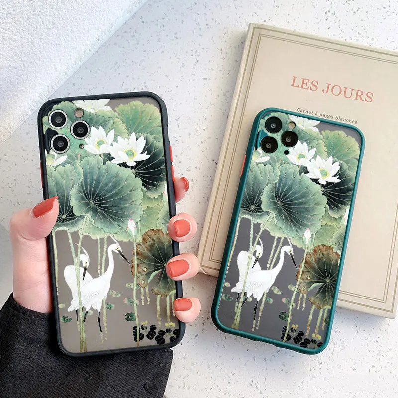 

Lotus Pink White Flowers Green Leaf White Crane Phone Case For iPhone 11 13 12 14 Pro Max 7 8 Plus SE2 X XR XS Protection Cover