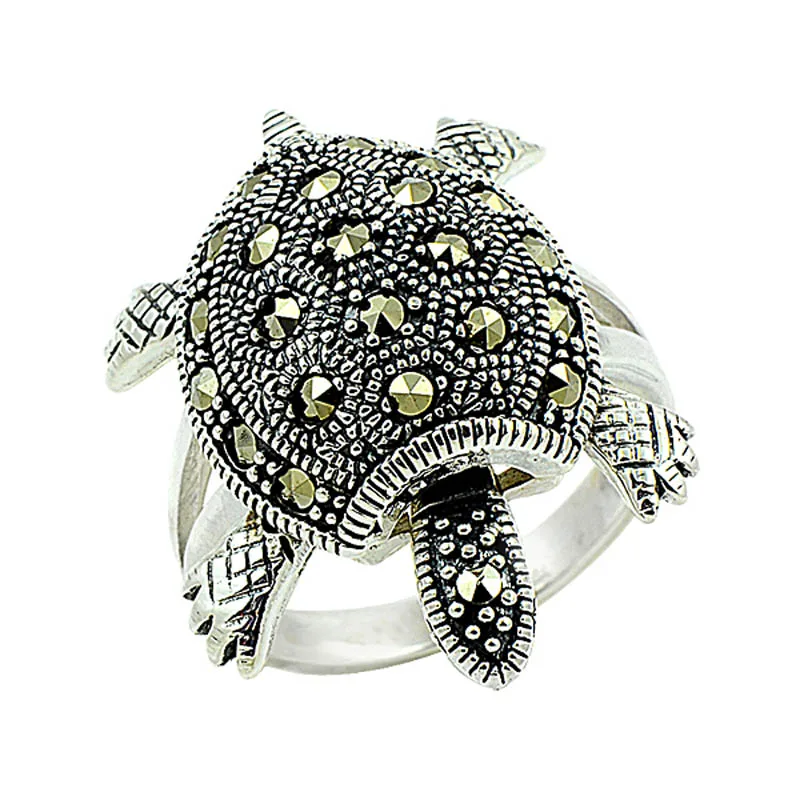 

Silver 925 Sterling Marcasite Gemstone Turtle Ring