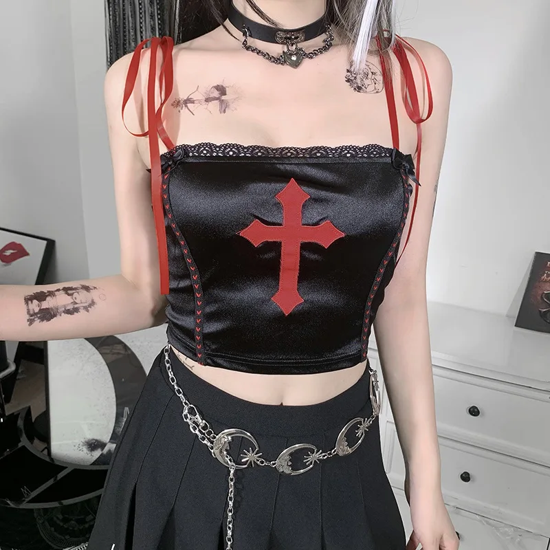 

Gothic Grunge Harajuku Lace Up Corset Tops Cross Print Black Camis Summer 2021 Punk Streetwear Backless Summer Crop Tops