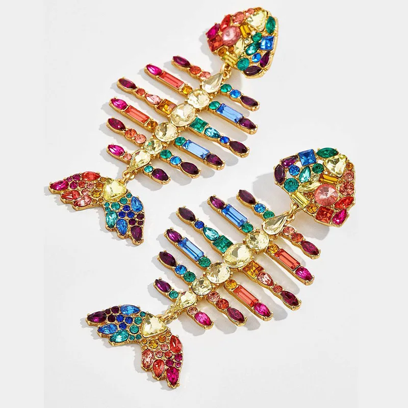 

Exaggerated Creative Fishbone Colorful Crystals Earrings For Women Fashion Cool Personalized Earrings Wholesale