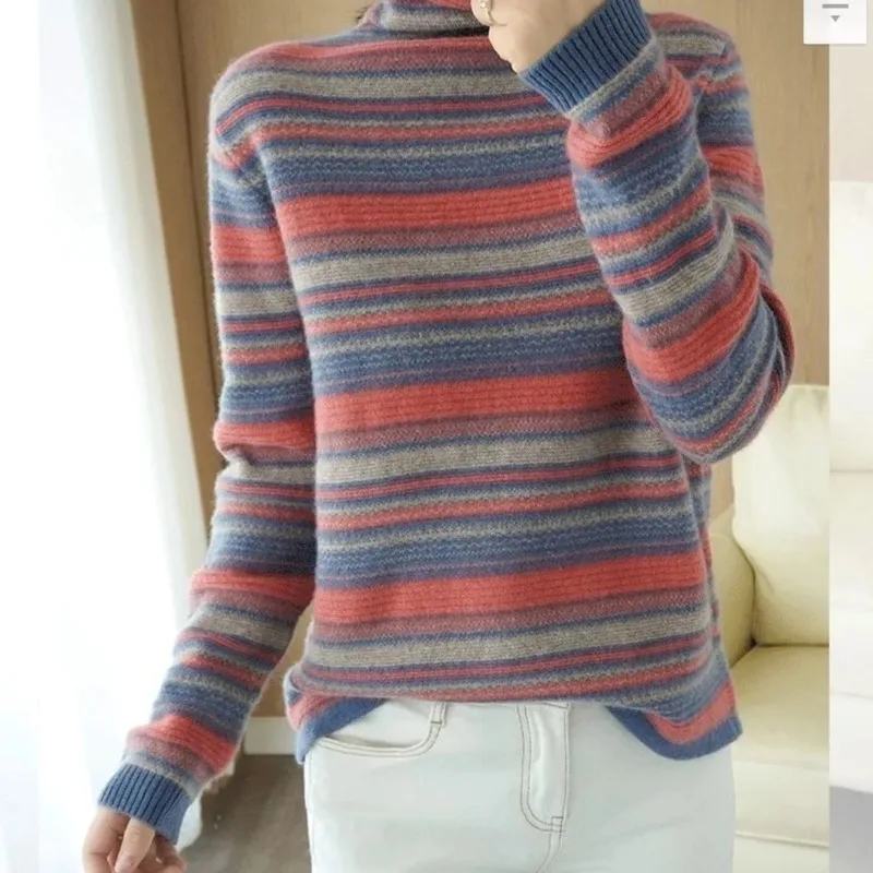 

Turtleneck Cotton Sweater Women Autumn Winter Stripe Sweter Pullover Vintage Fashion Loose Harajuku Streetwear Basic Leisure