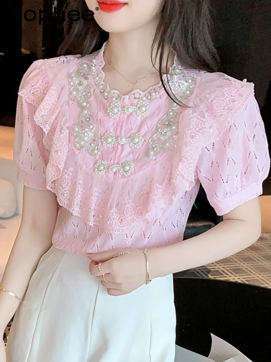 

Lace Bottoming Shirt Women Summer 2022 New Short Sleeve Blusas Top Female Fashion Heavy Industry Beads Sweet Ruffles Pink Blouse