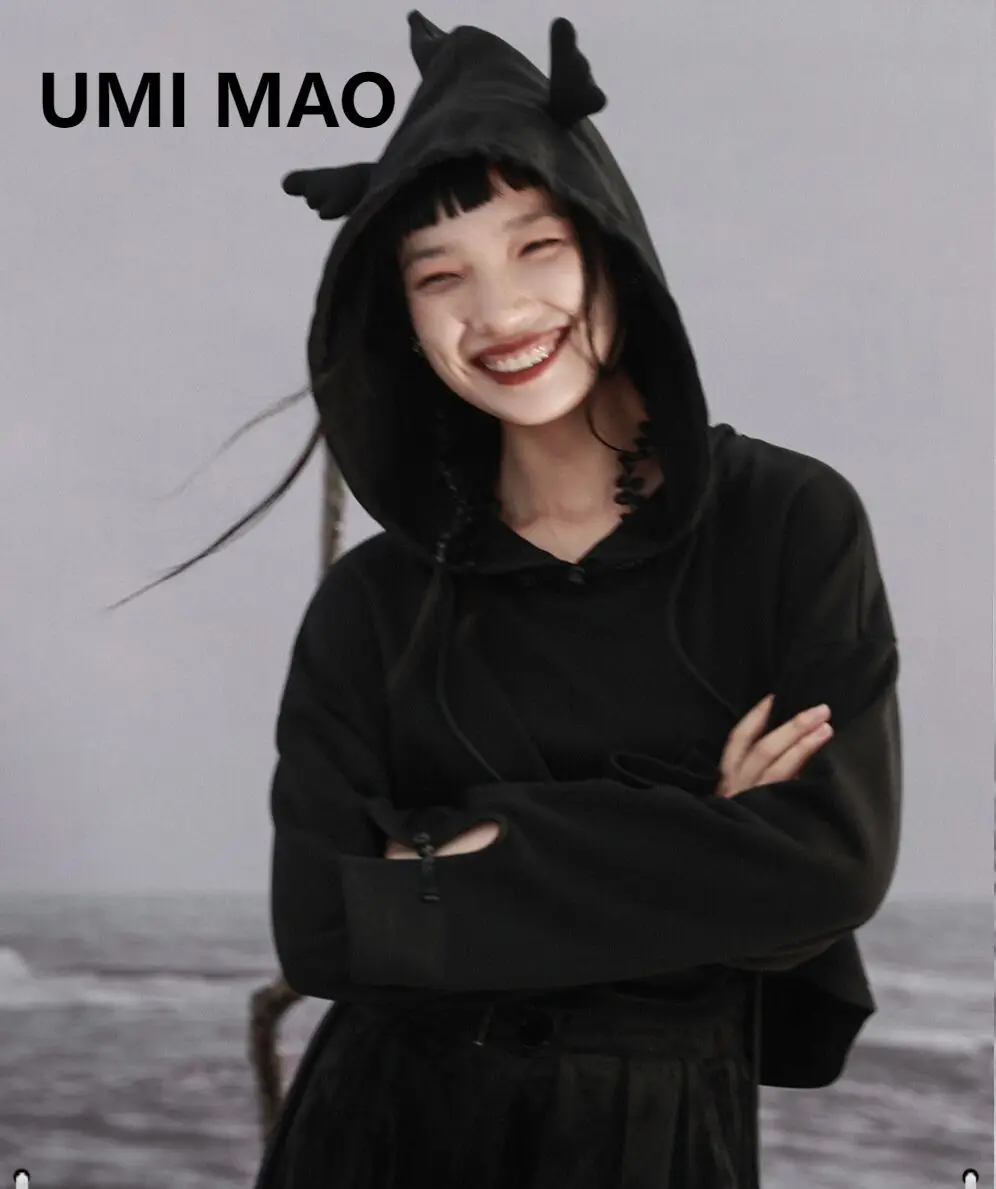 

UMI MAO Chinese Style Sweet Cool Hooded Sweater Women's Autumn Wear High Waist Irregular Knitted Flare Sleeve Deer Ear Top