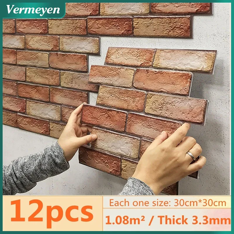 

12pcs 3D Brick Wall StickerS Self-adheSive PVC Wallpaper For Bedroom Waterproofing, Kitchen DIY Home