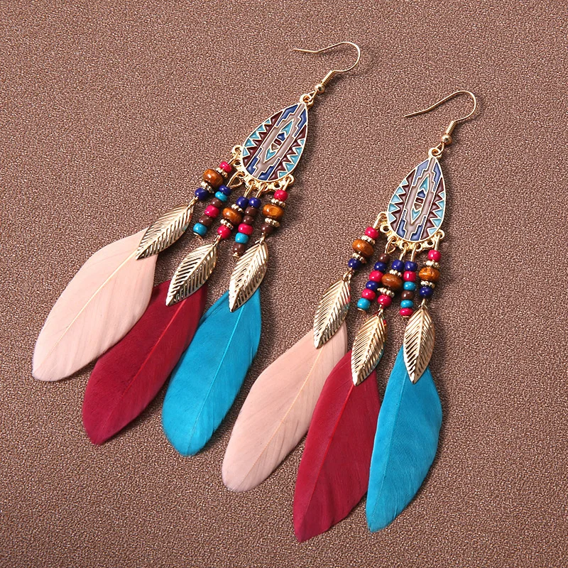 

Tourism Holiday Jewelry Accessories Bohemian Ethnic Style Enamel Water Drops Leaf Feather Tassels Long Earrings For Women