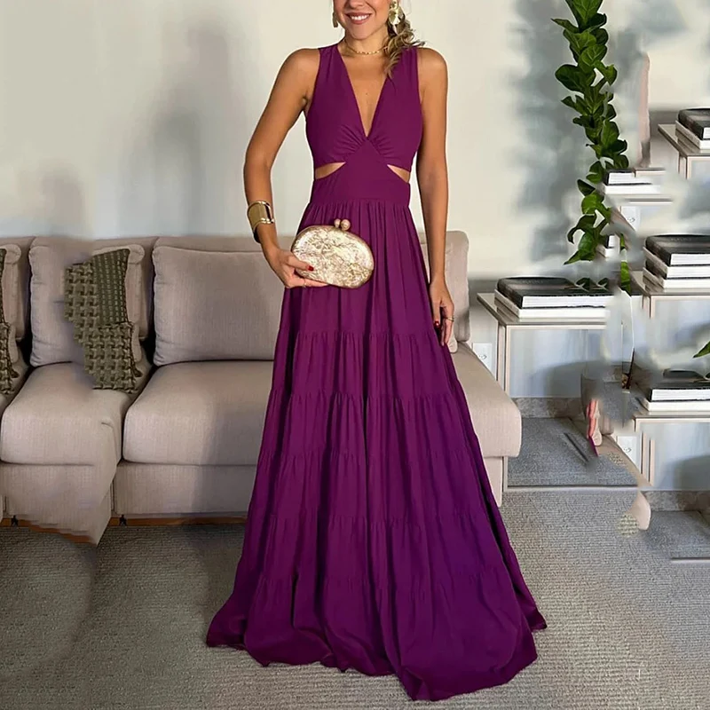 

Beachbele Women Maxi Dresses Solid Color V-neck Strapless Purple Swimsuit Summer Party Dance Spaghetti Long Bohemian Streetwear