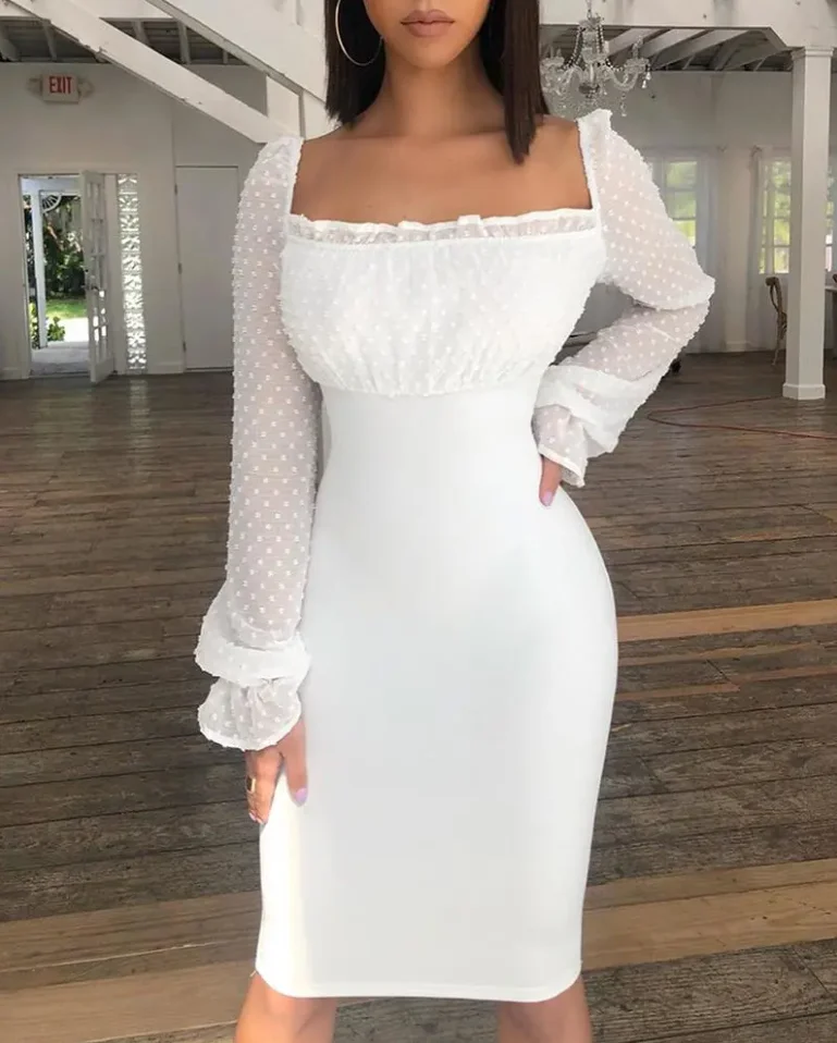 

Women Summer Dresses Sexy White Dots Mesh Splicing Lace-Up Back Bodycon Dress Female Clothing Outfit Casual Fashion