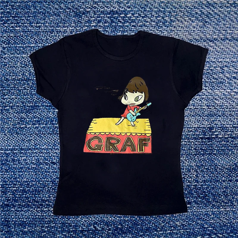 

Fun Cartoon Print Vintage Women Casual Baby Tee Streetwear Aesthetic Short Sleeve T-Shirt Y2k Clothes Gothic Emo Girl Croped Top