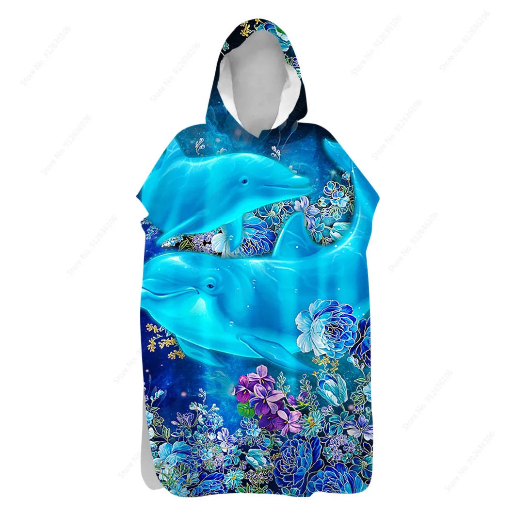 

Cute Dolphin Hooded Beach Towel Quick Dry Soft Flannel Wetsuit Changing Poncho Towel Bathrobe Gym Fitness Bath Towel Adults kids