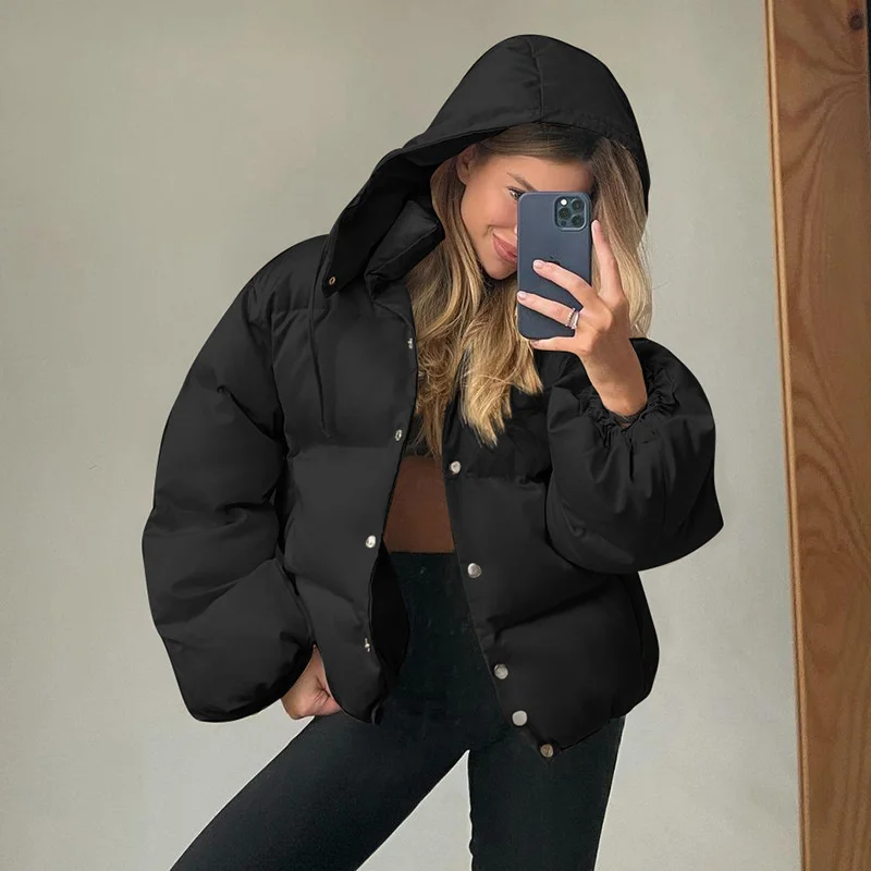 Winter New Short Single Breasted Solid Color Hooded Long Sleeved Cotton Coat Temperament Commuter Fashion Female