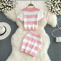 women fashion summer short sleeve knitted pullover stripe crop tops bodycon striped mini skirt two piece sets outfits new 2022
