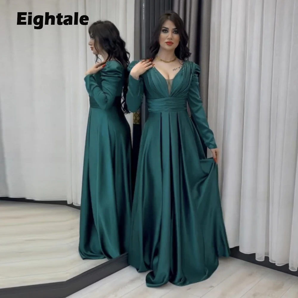 

Eightale Green Prom Dresses for Wedding Satin V-Neck Pleats Arabic Evening Gown Long Sleeves Mermaid Party Dress robes de soirée