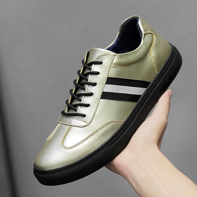 

Кроссовки мужские из натуральной кожи, модная повседневная теннисная обувь, удобные, скейтборды, золотистые