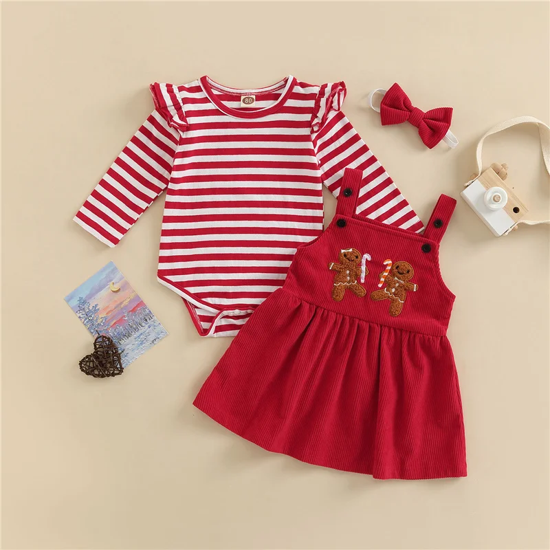 

Baby Girls Christmas Suit, Stripe Print Pattern Ruffle Long Sleeve O-Neck Romper Tops+Corduroy Suspender Skirt 0-24Months
