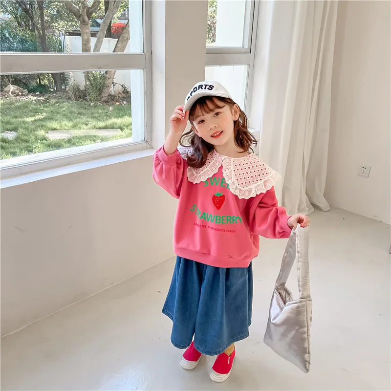 Весна 2022 корейский женский милый пуловер в виде клубники с кружевными лацканами |