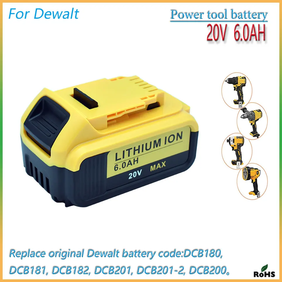 

100% Original For DeWalt 20V 6000mAh Rechargeable Power Tools Battery with LED Li-ion Replacement DCB205 DCB204-2 DCB206