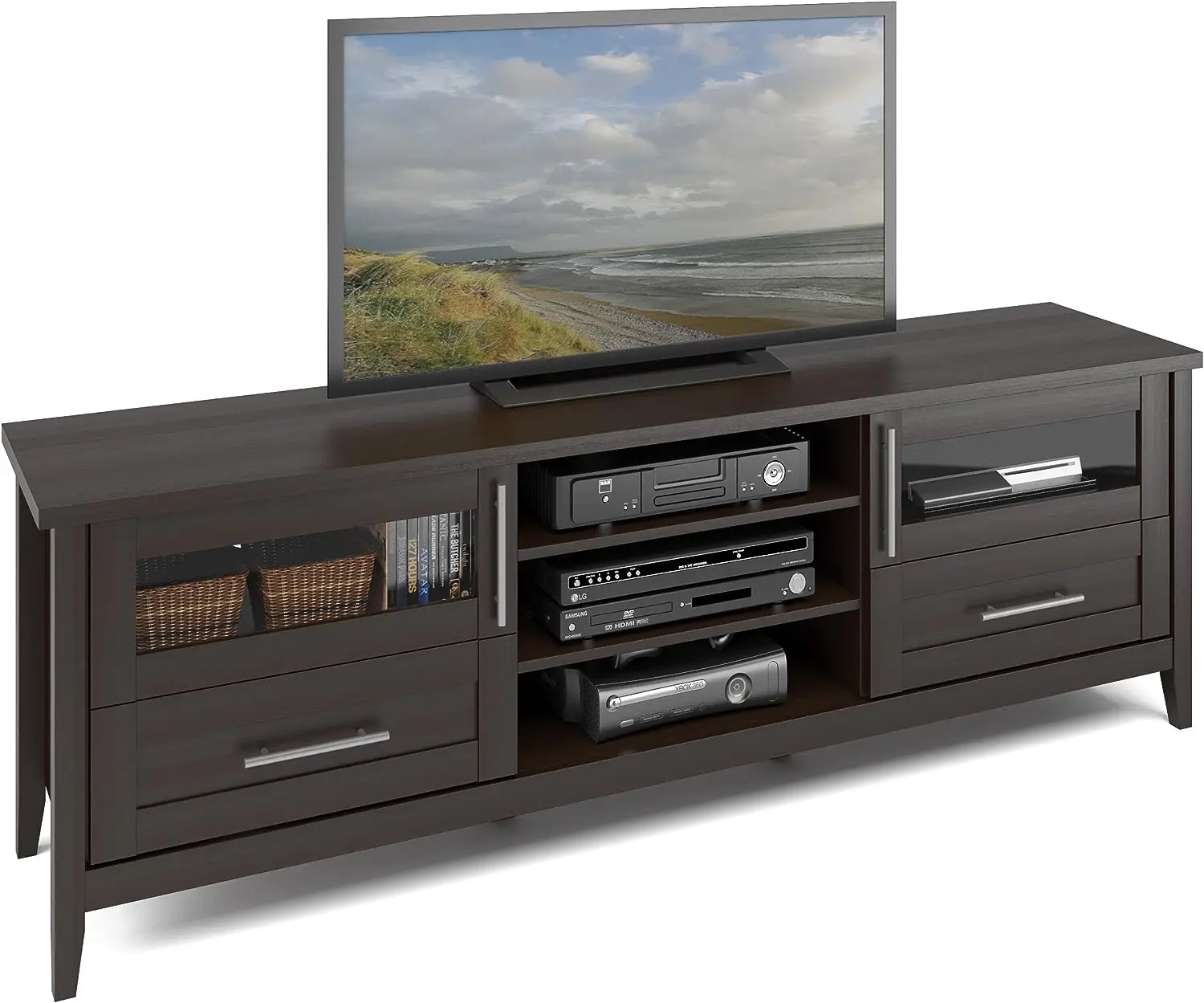 

Extra Wide TV Stand Component Bench Media Storage Unit, Espresso Finish, For TVs Up To 80''