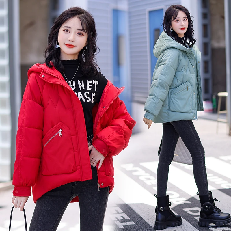 2022 New Autumn Winter Women Jacket Hooded Flash Powder Short Parkas Cotton Padded Winter Clothes Casual Coat Female Size 4XL