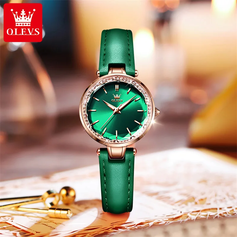 OLEVS High Quality Diamond Quartz Watch Top Brand Luxury Fashion Waterproof Ladies Watches Leather Strap Wristwatch for Women