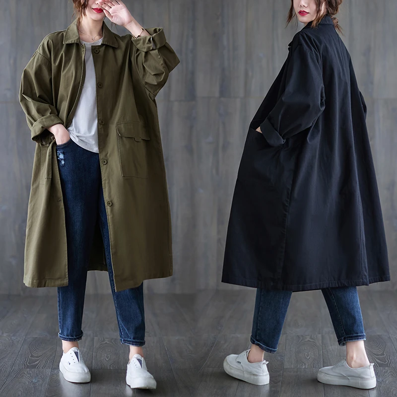 

URIOR 2023 Spring Autumn Large Size Women Solid Color Trench Polo Collar Casual Long Trench Coat Loose Versatile Windbreak Coat