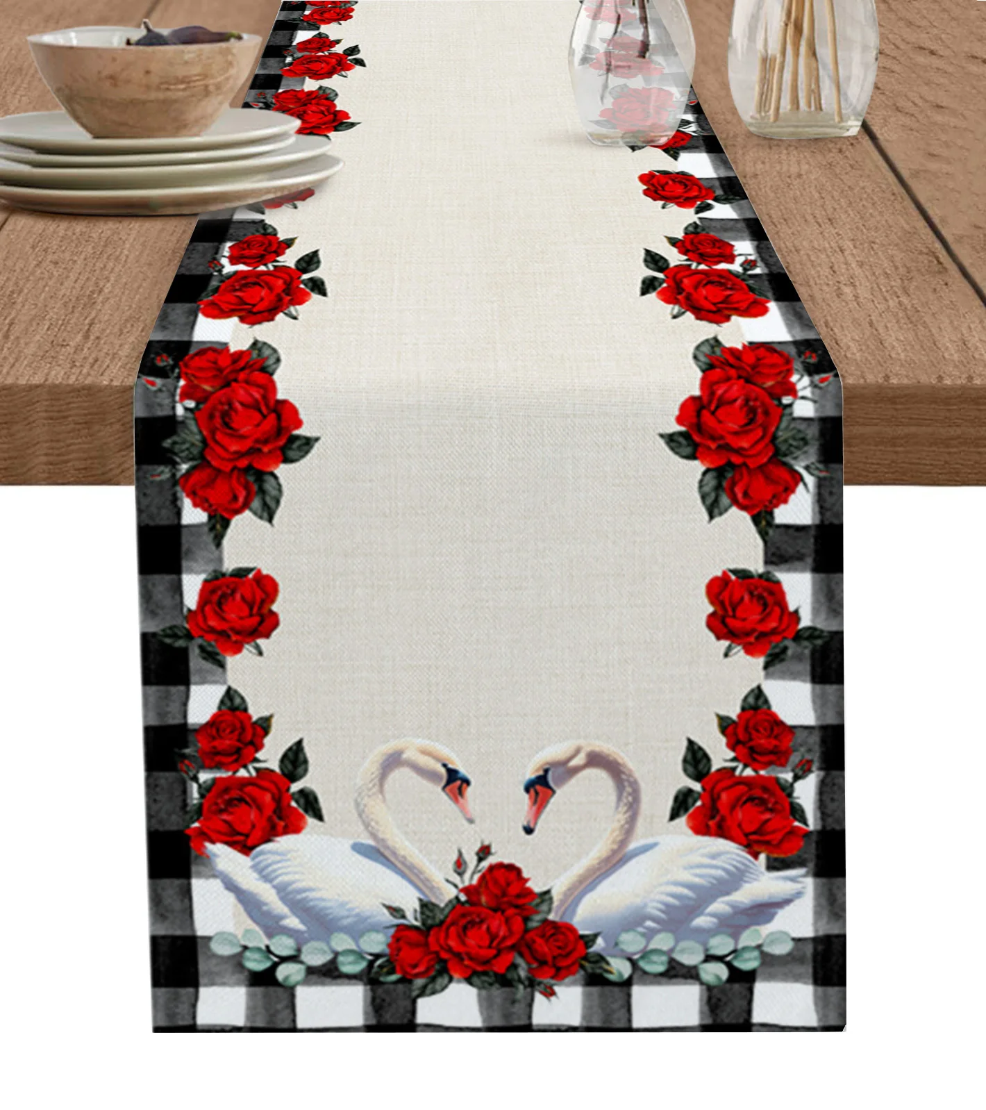 

Valentine'S Day Rose Swan Plaid Table Runner Luxury Wedding Decor Table Runner Home Dining Holiday Decor Tablecloth