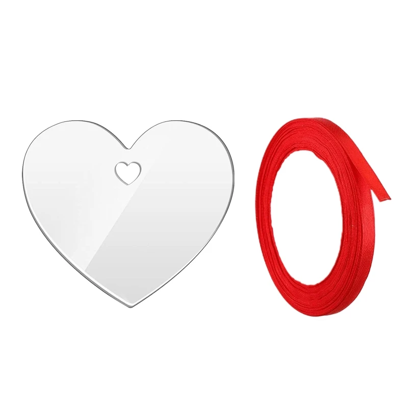 

C6UD 60x Acrylic Blank Clear Valentines Day Ornament with Hole Heart Slices Red Ribbon for DIY Craft Engraving Tags Wedding