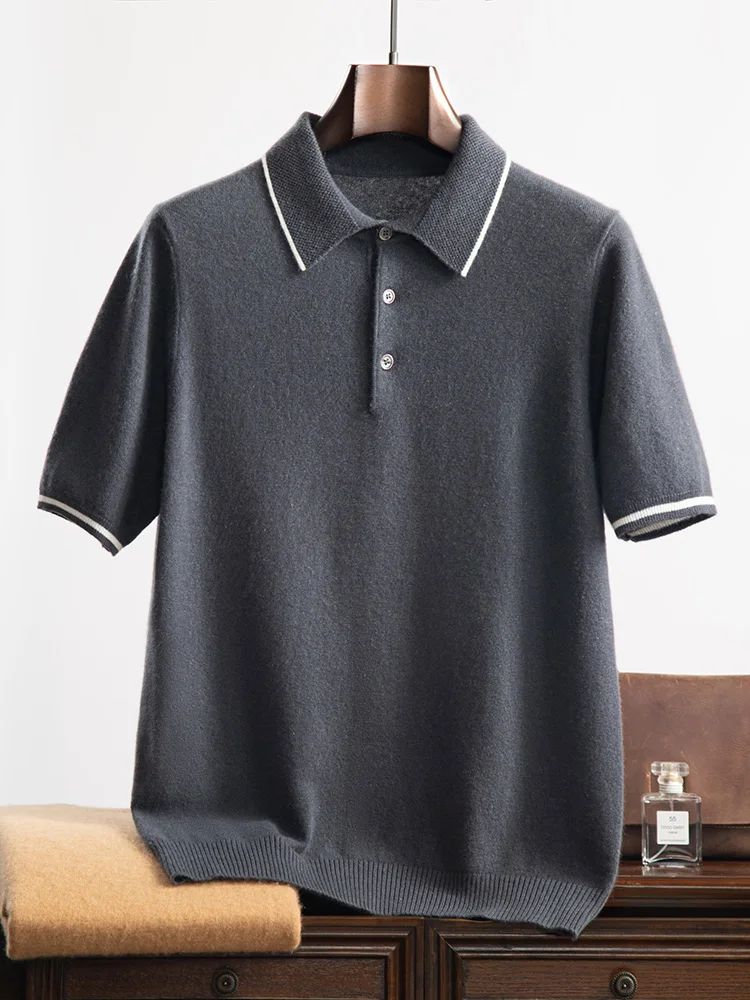 Мужская кашемировая футболка-поло с коротким рукавом