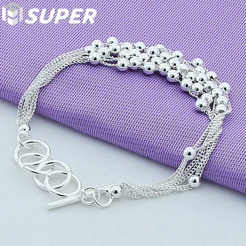 

925 Sterling Silver Smooth Many Beads Chain Bracelet For Women Fashion Charm Wedding Engagement Party Jewelry