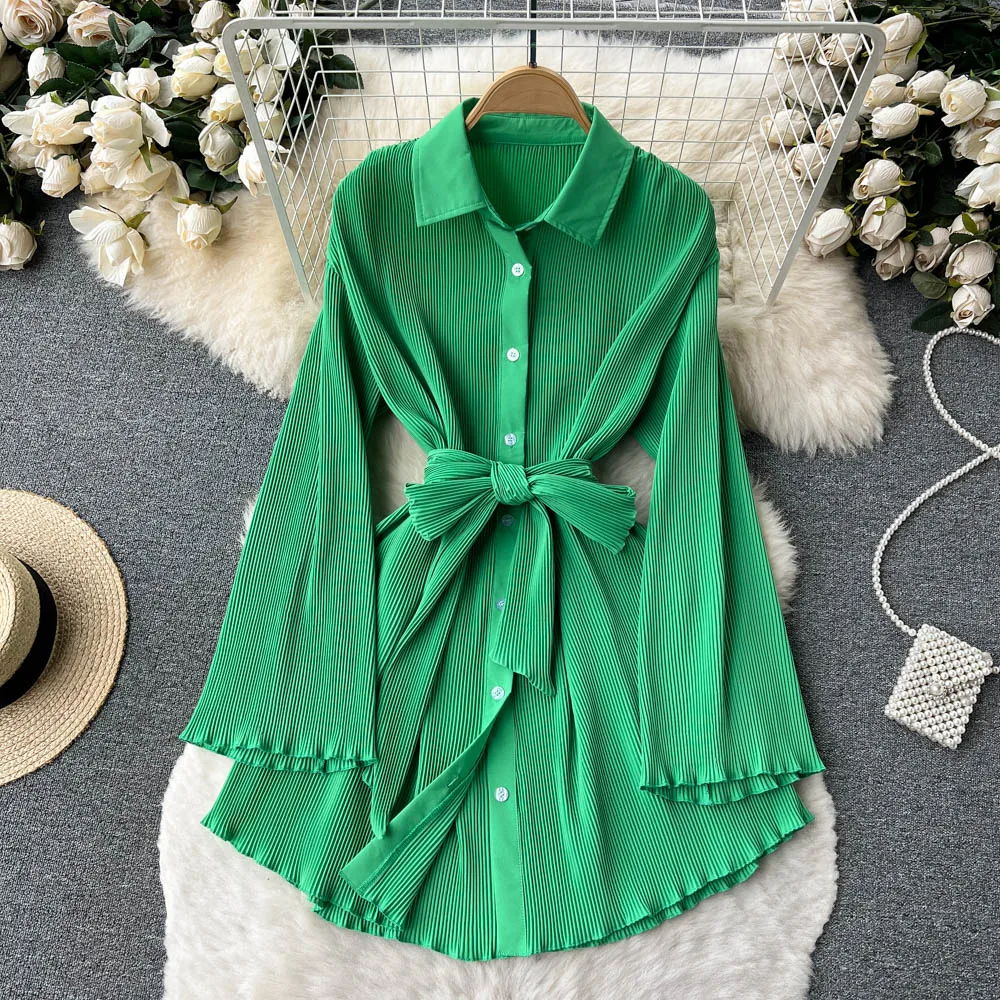 

Spring Autumn Vintage Midi Dress for Women Lapel Preated Folds Flare Sleeve Female Short Robe Wave Cut Elegant Tarf Chic New In