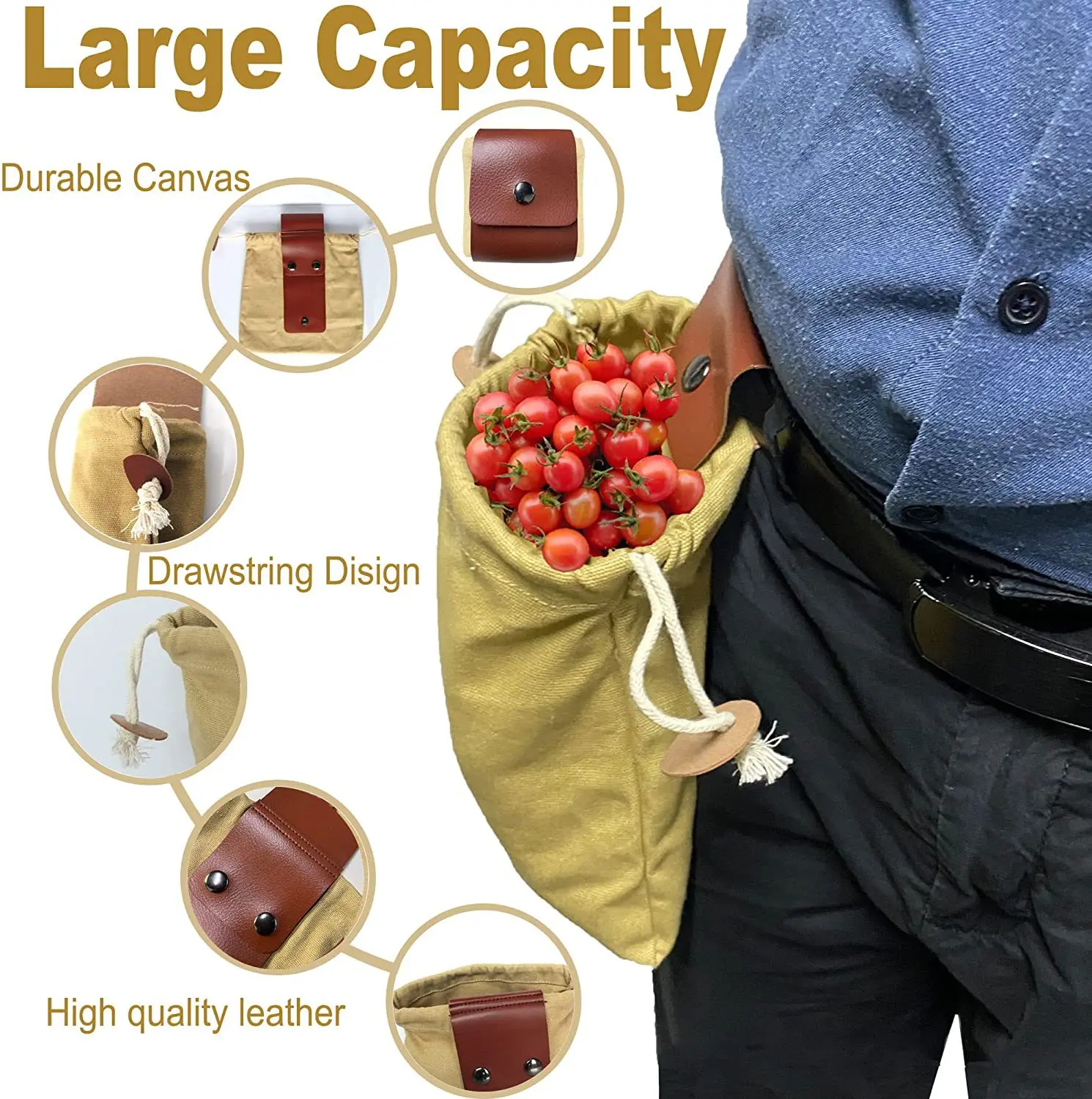 Outdoor Foraging Bag Leather Bushcraft Bag Vegetable Harvest Garden Fruit Picking Waist Tools Storage Hanging Pouch Camping