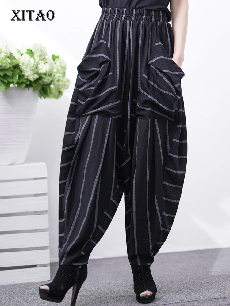 XITAO Black Striped Harem Pants Loose Fashion Personality Women Patchwork Pocket Women Pants Summer Street Trendy New WLD16168