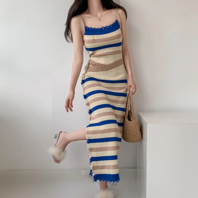 

Женское Элегантное трикотажное платье миди без рукавов с открытой спиной в полоску, облегающее повседневное праздничное женское платье, пл...