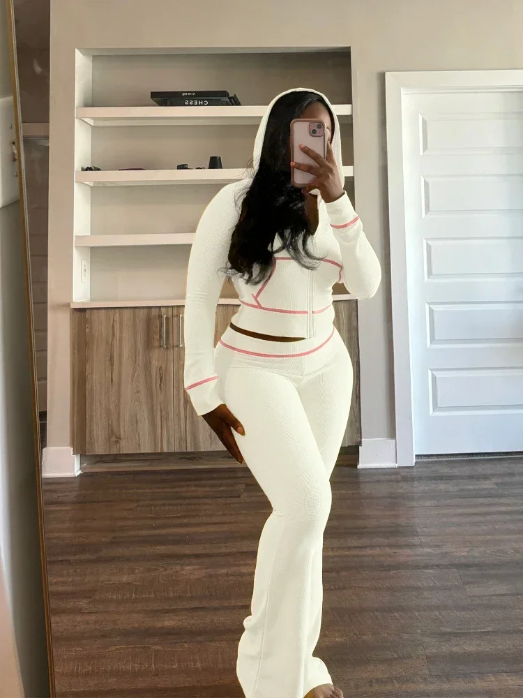 Женский костюм Ueteey с длинным рукавом капюшоном и расклешенными брюками уличный