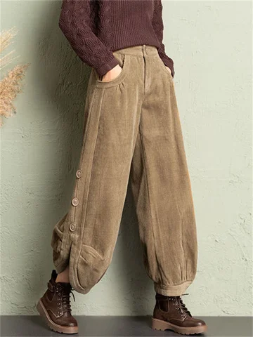 Женские винтажные брюки-фонарики, Свободные повседневные вельветовые брюки с широкими штанинами и боковыми пуговицами, Осень-зима 2023