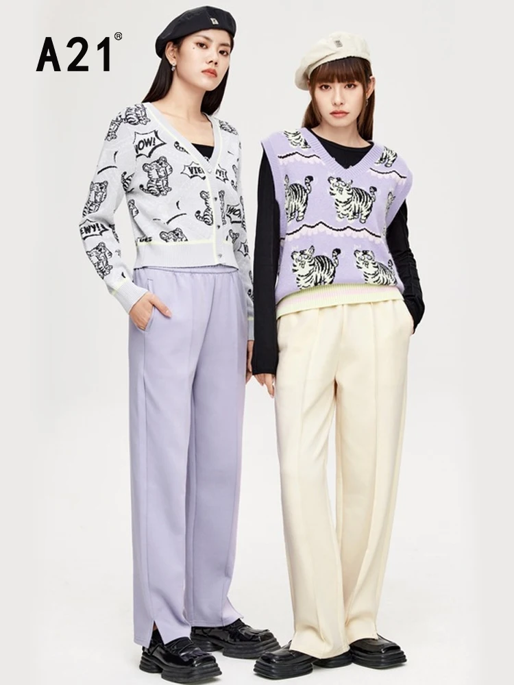 

A21 Women's Simple Wide Leg Casual Pants 2022 Summer New Fashion High Waist Elastic Loose Pants Leg Bifurcated Straight Pantss