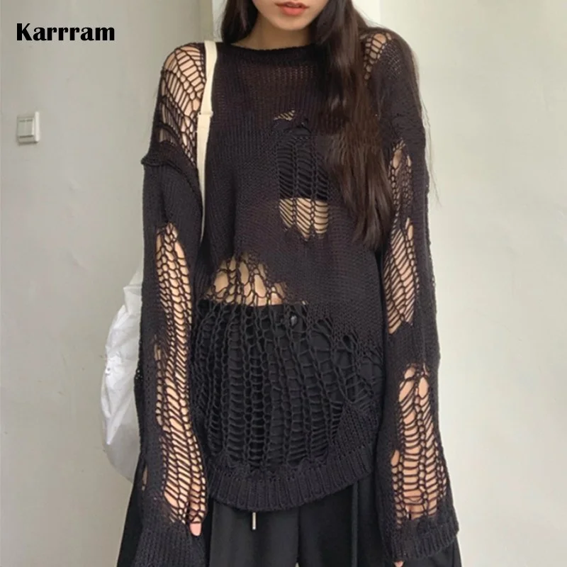 

Karrram Gothic Hollow Out Sweater Hole See Through Oversized Knitted Pullovers Emo Streetwear Grunge Clothes Y2k Tops Spring