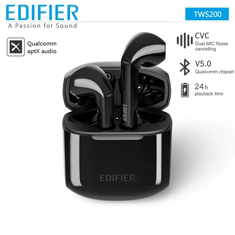 

EDIFIER TWS200 TWS Wireless Bluetooth Earbuds Bluetooh v5.0 aptX Codec with Dual Microphone 24h playback time Noise Cancellation