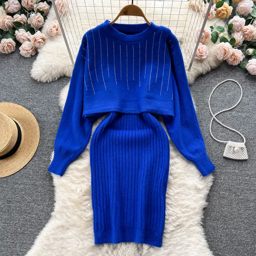 

Осенне-зимняя короткая вязаная блузка и платье-свитер на бретелях в европейском и американском стиле