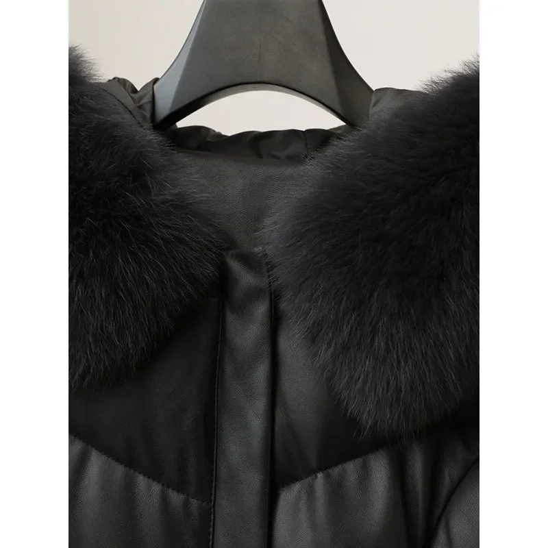 Новинка Зима 2024 женский длинный пуховик кожаная куртка с воротником из лисьего