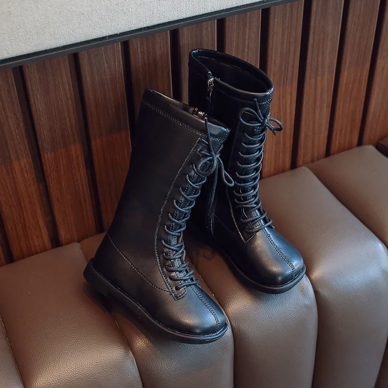 

Children's boots spring autumn 2022 new lace-up fashion square single boots