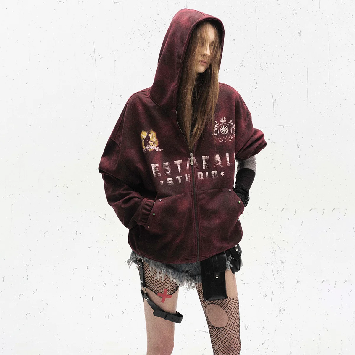 Весна 2024 винтажная куртка с капюшоном на молнии Y2K хип-хоп толстовка и принтом